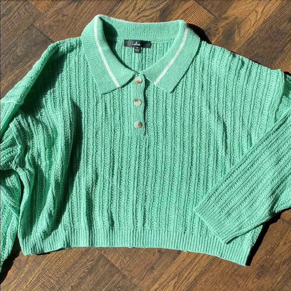 Lulu's Pretty Ready Mint Green Collared long Sleeve Sweater Top